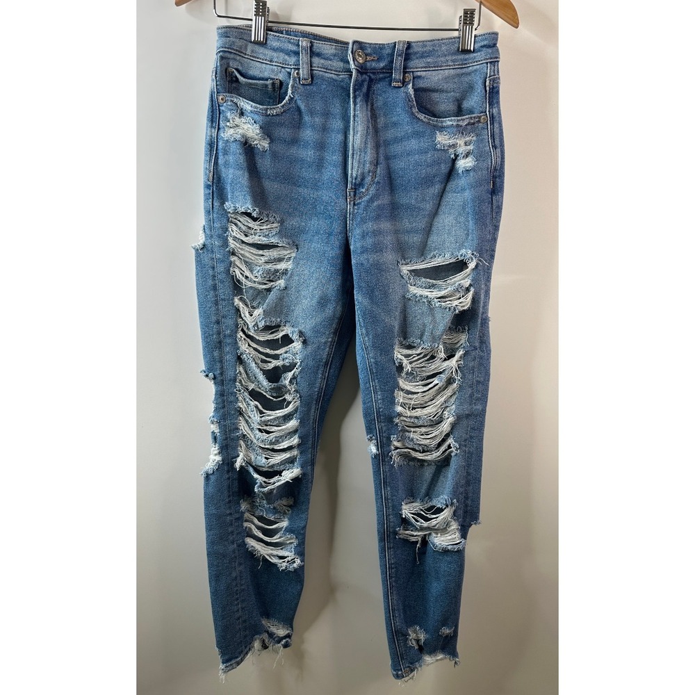American Eagle Distressed Mom Jeans Size 6 Destroyed Ripped Grunge High Rise - Picture 2 of 13